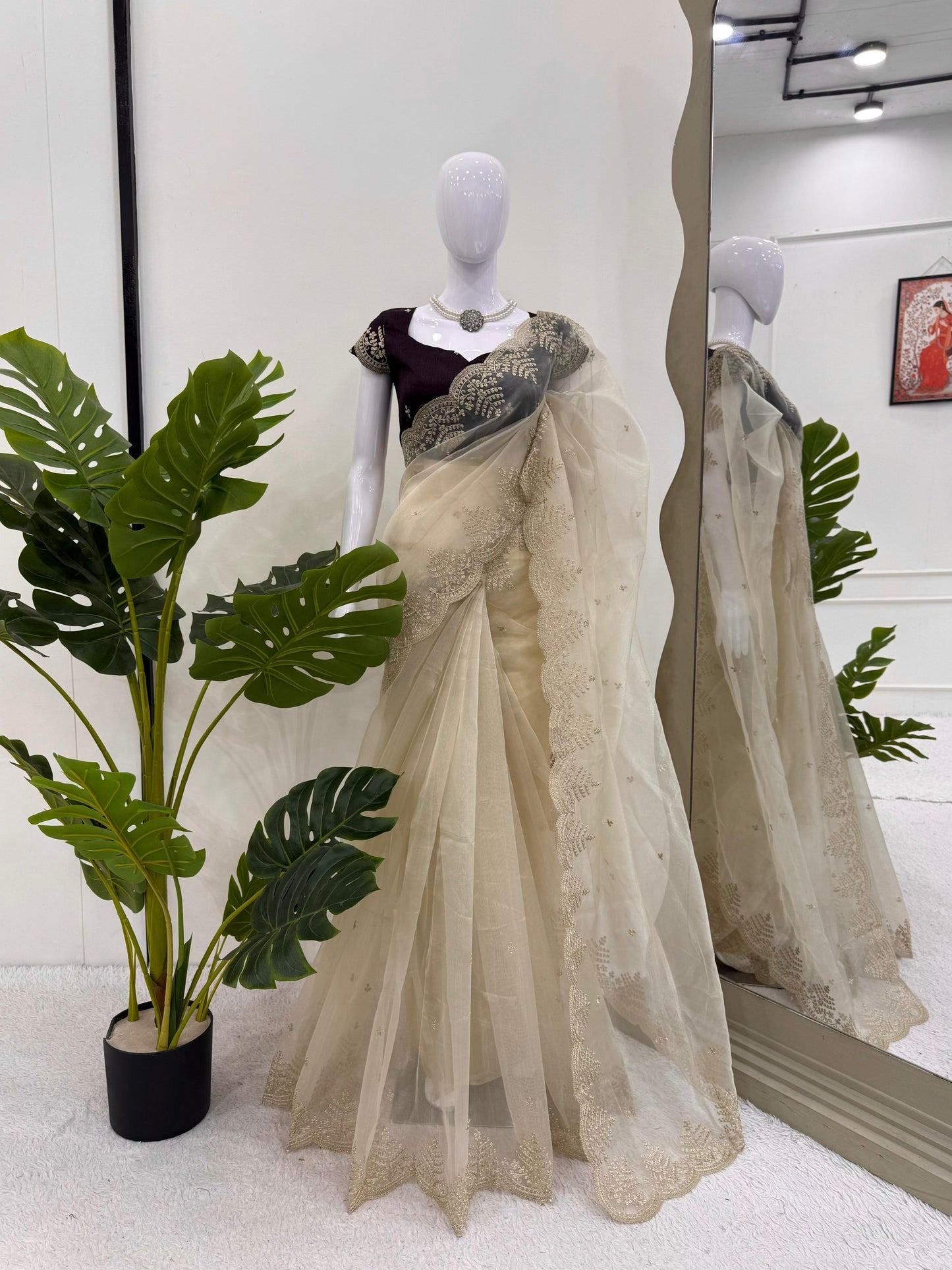 Cream Colour Organza Silk Embroidery Work Fastival Wear Saree With Designer Blouse