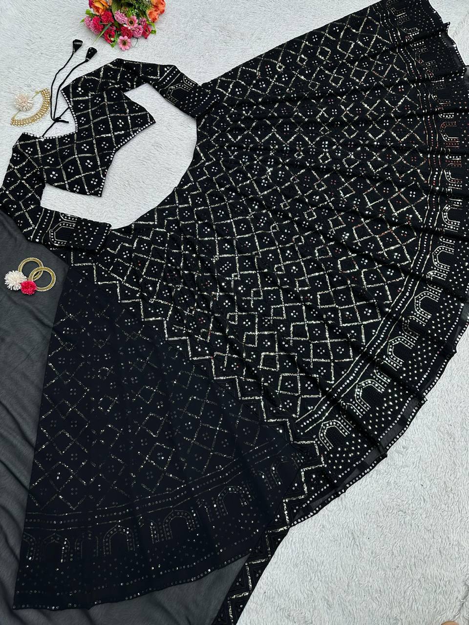 Heavy Wedding Wear Georgette Sequence Worked Lehenga With Beautiful Duppata And Cancan