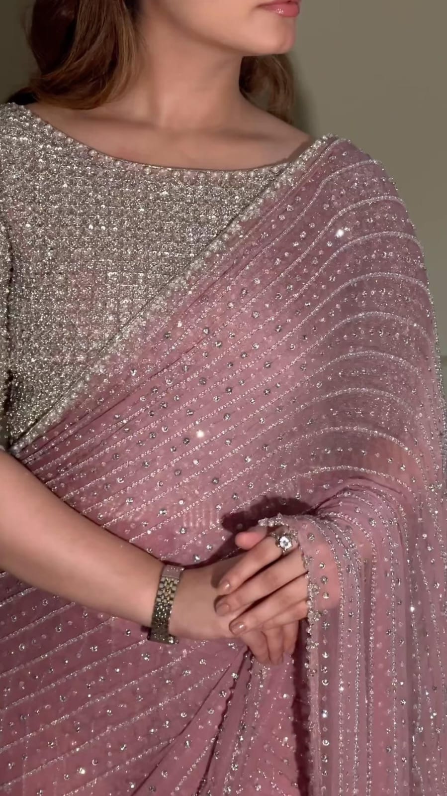 Hot Pink Georgette Sequence Embroidery Worked Beautiful Designer Saree
