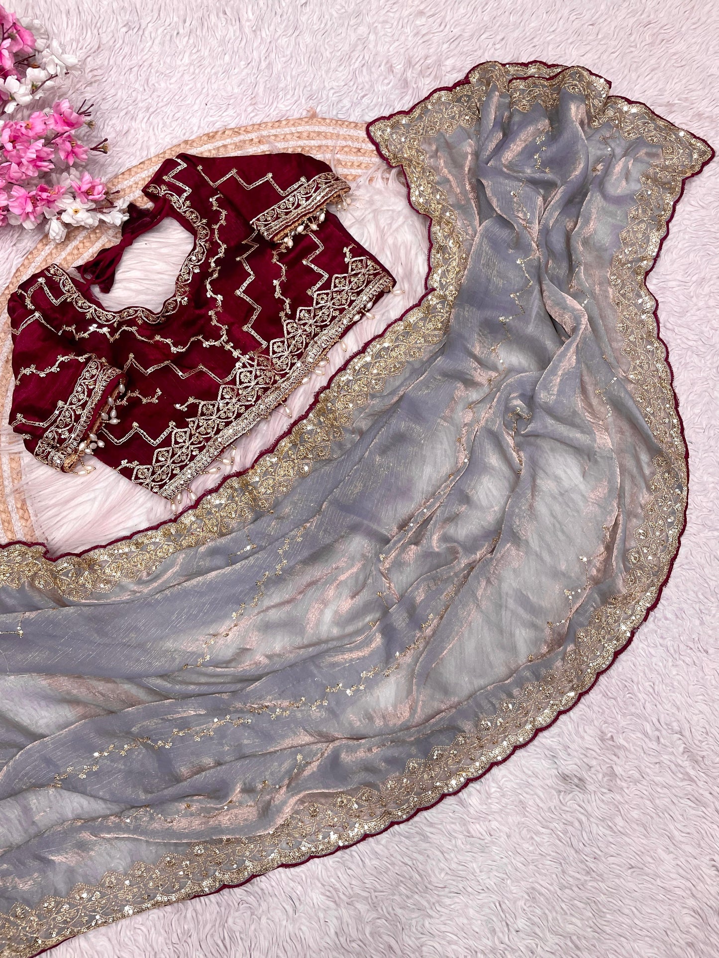 Elegant Fendy Chiffon Saree with Sequins & Coding Embroidery And Stich Blouse