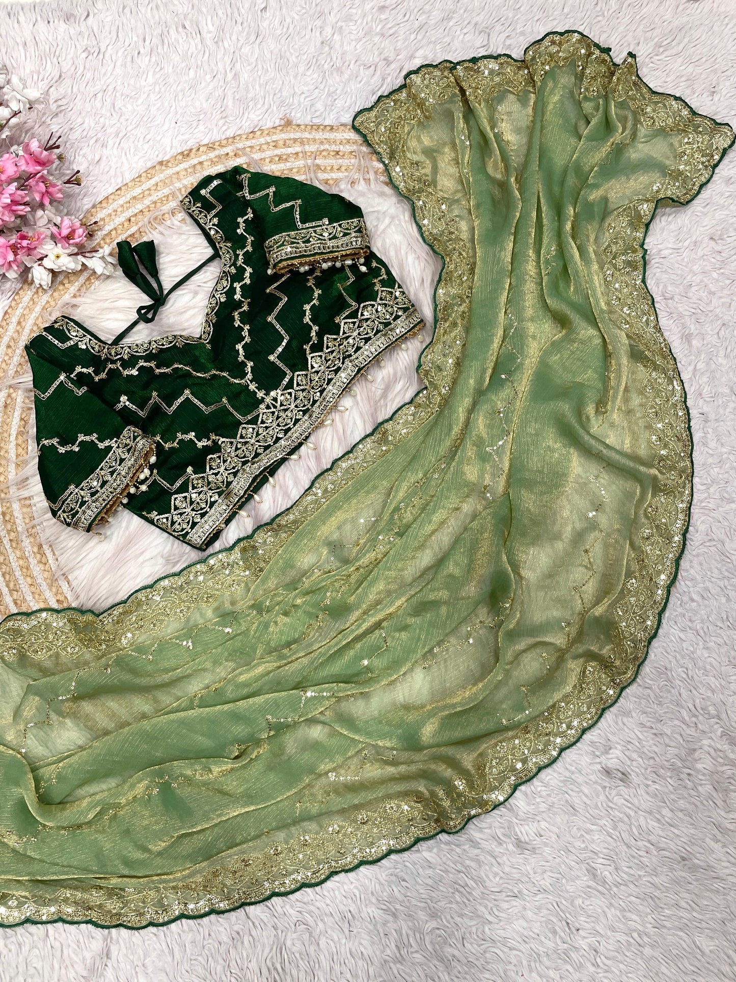 Elegant Fendy Chiffon Saree with Sequins & Coding Embroidery And Stich Blouse