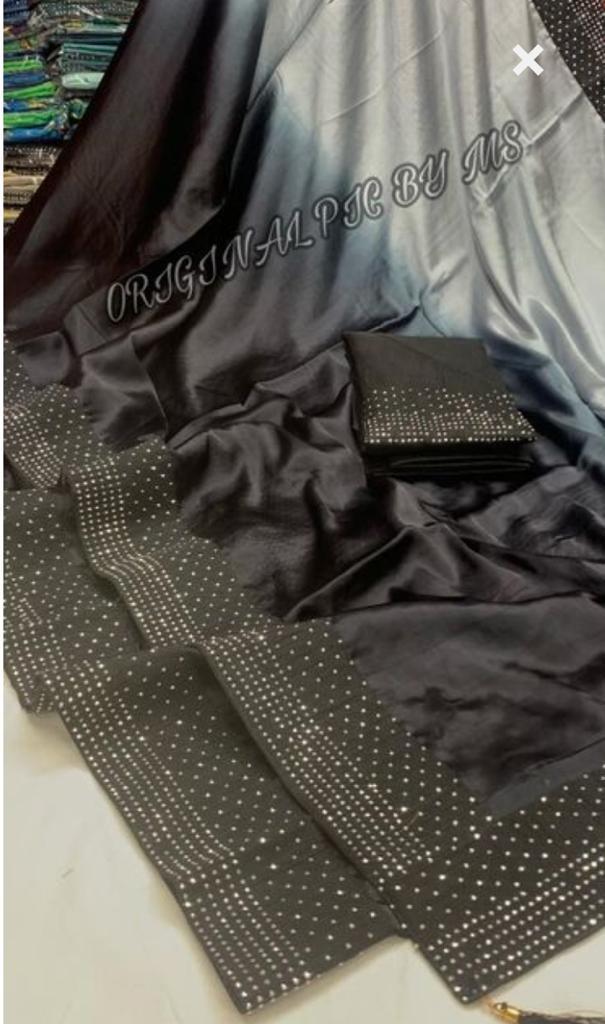 Heavy Satin Silk Peding Printed Hot Fixing Daimond Worked Saree Wuth Banglori Silk Blosue