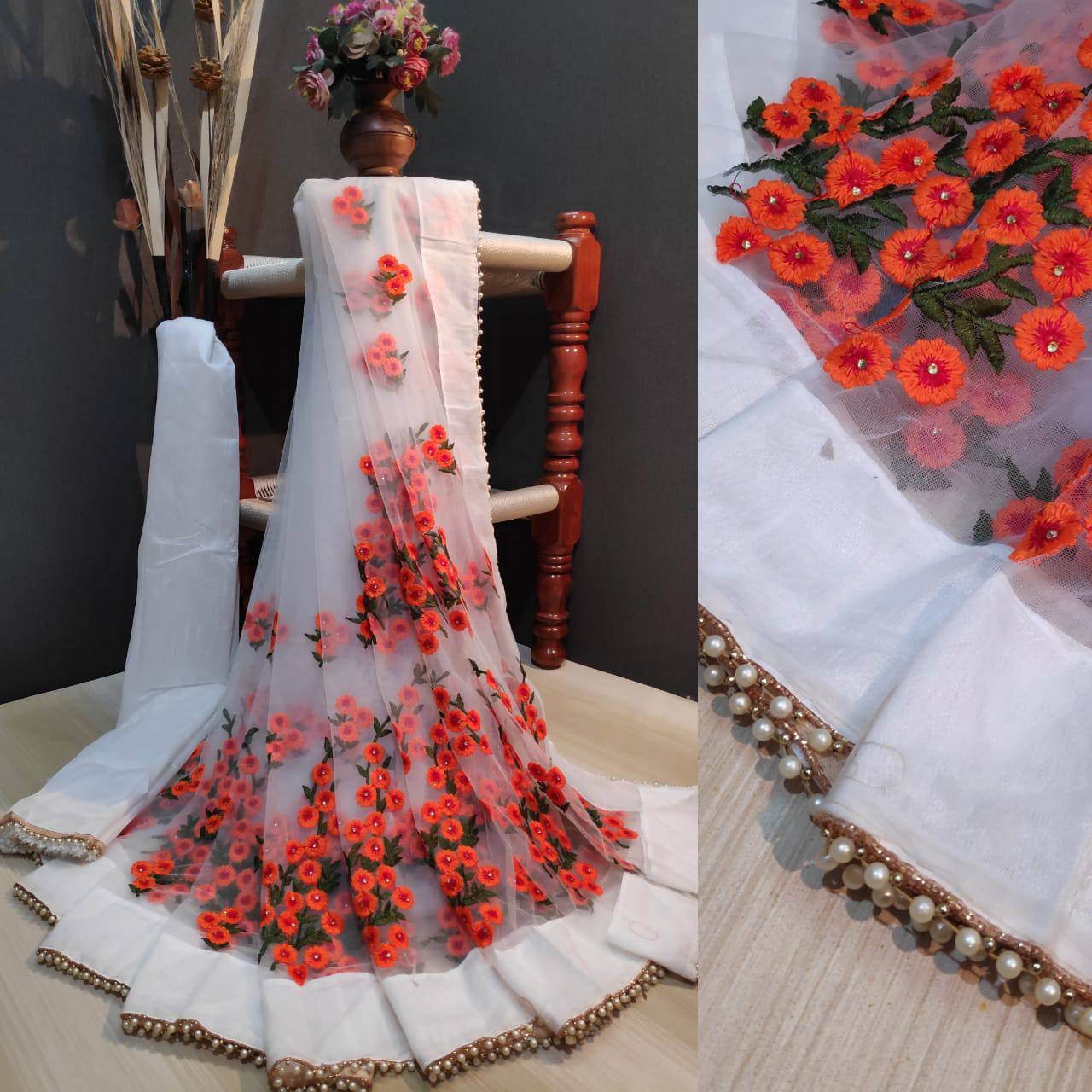 Net Embroidary Worked Party Wear Saree With Moti Worked Lace And Banglori Silk Blouse