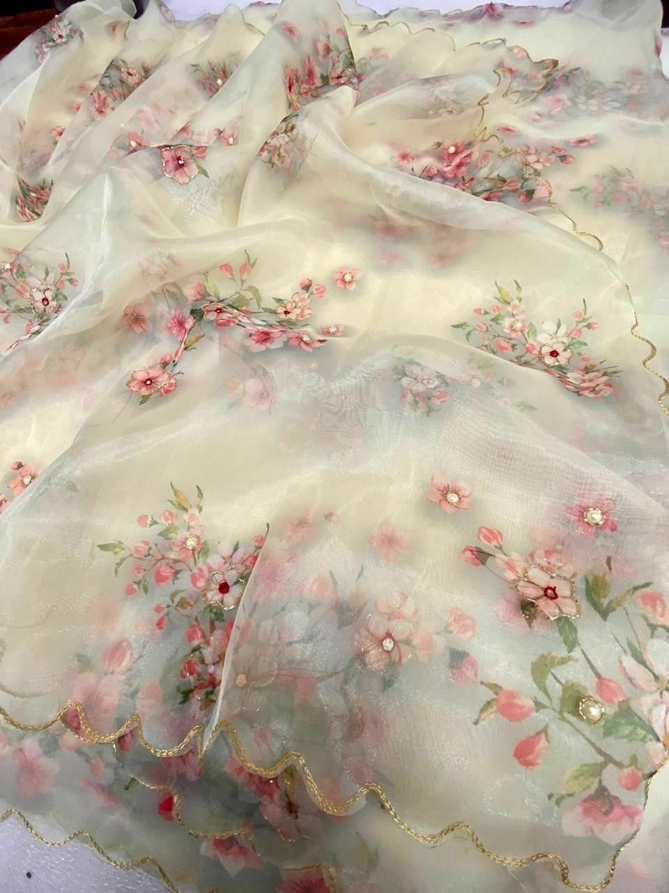 Organza Silk Digital Printed Saree Handworked Saree With Banglori Silk Blouse