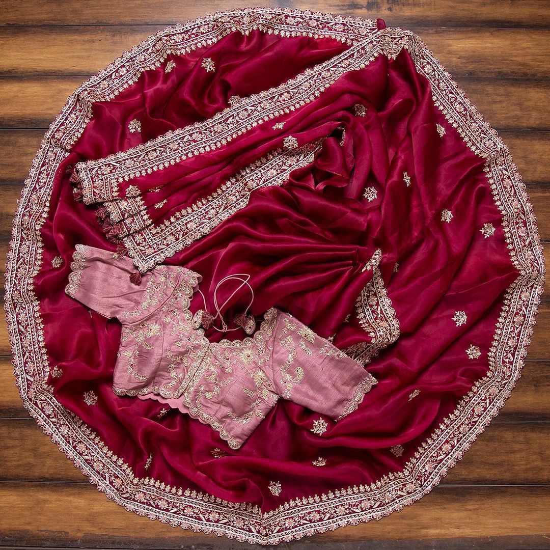 Pure Kashmiri Silk Saree With Heavy Embroidary Work N Cotton Silk Blouse With Embroidery Sequence Work