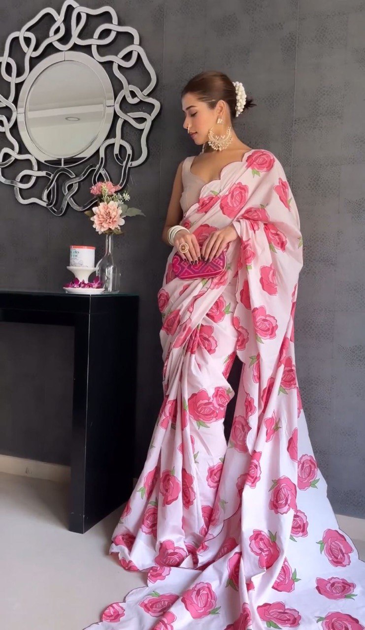 Digital Printed Heavy Satin Border Worked Party Wear Saree With Plain Blouse
