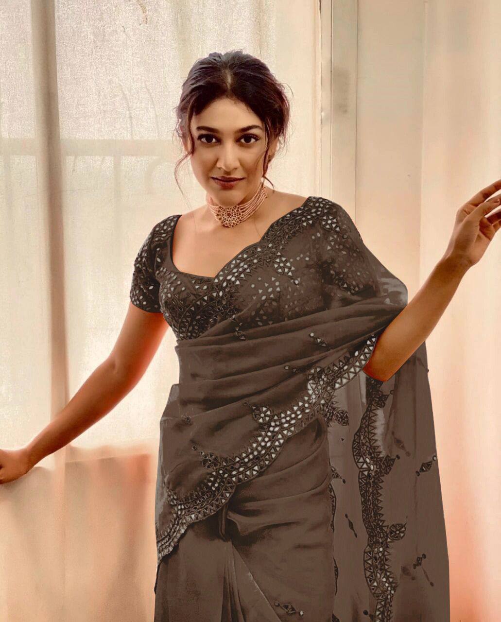 Organza Silk Real Mirron Designer Embroidary Worked Saree With Full Mirror Worked Blouse