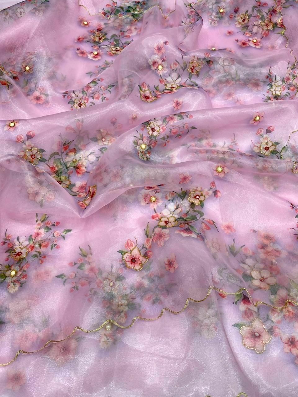 Organza Silk Digital Printed Saree Handworked Saree With Banglori Silk Blouse