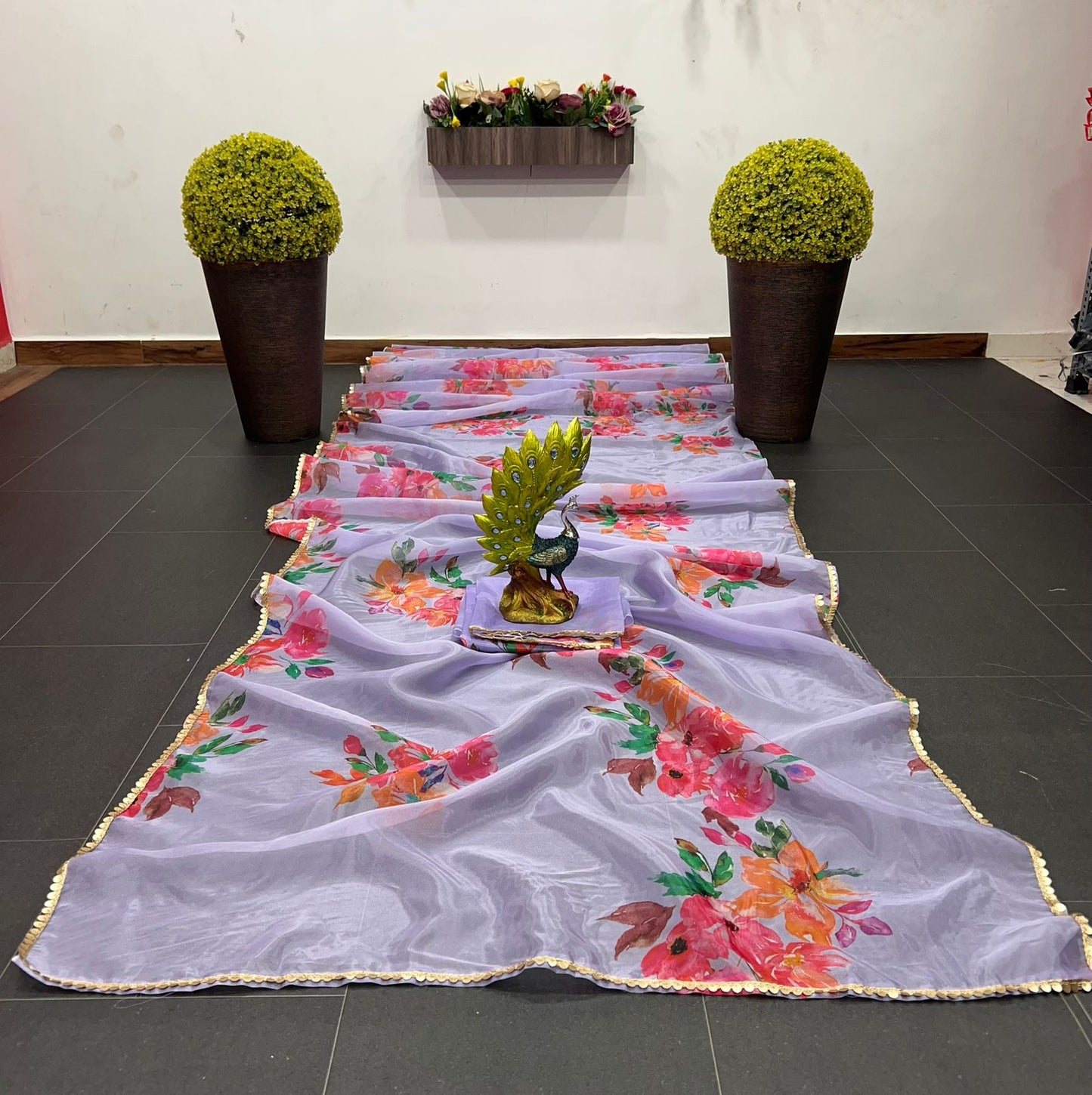 Organza Silk Digital Printed Party Wear Saree With 9MM Sequence Border Lace And Printed Blouse