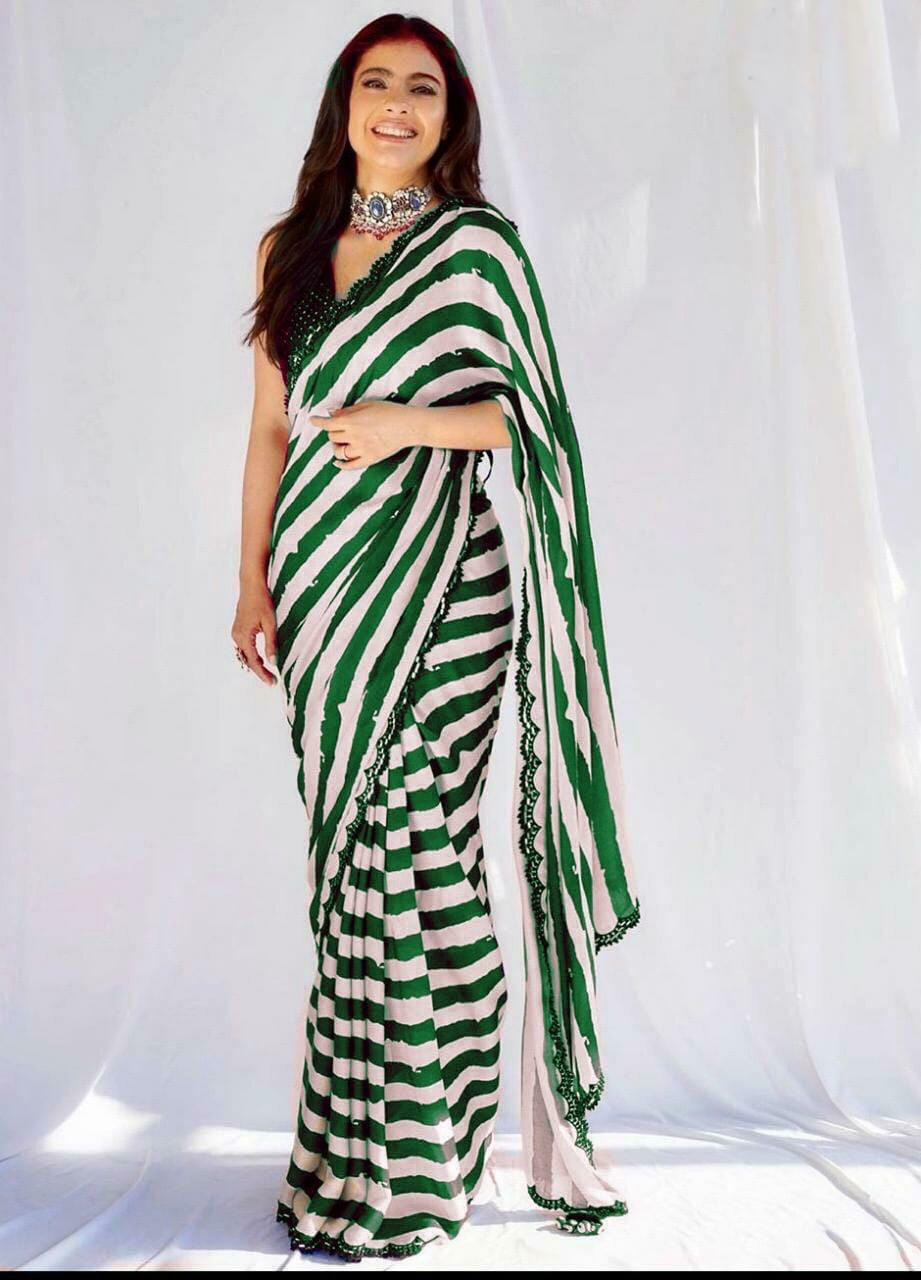 Heavy Satin Silk Party Wear Dogotal Printed Saree With Sequence Worked Blouse