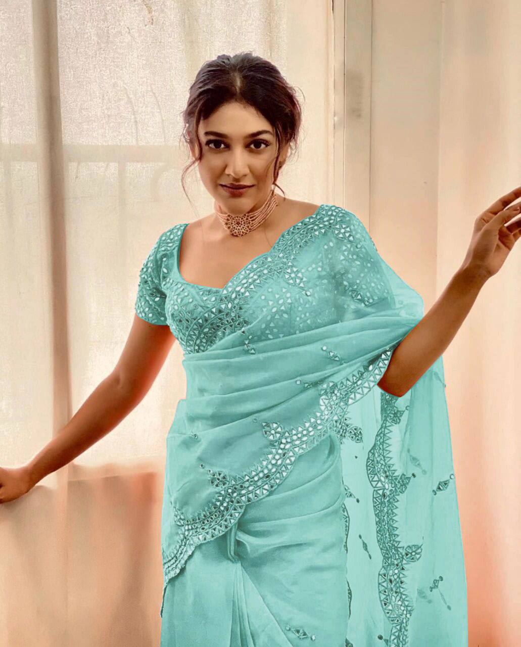 Organza Silk Real Mirron Designer Embroidary Worked Saree With Full Mirror Worked Blouse