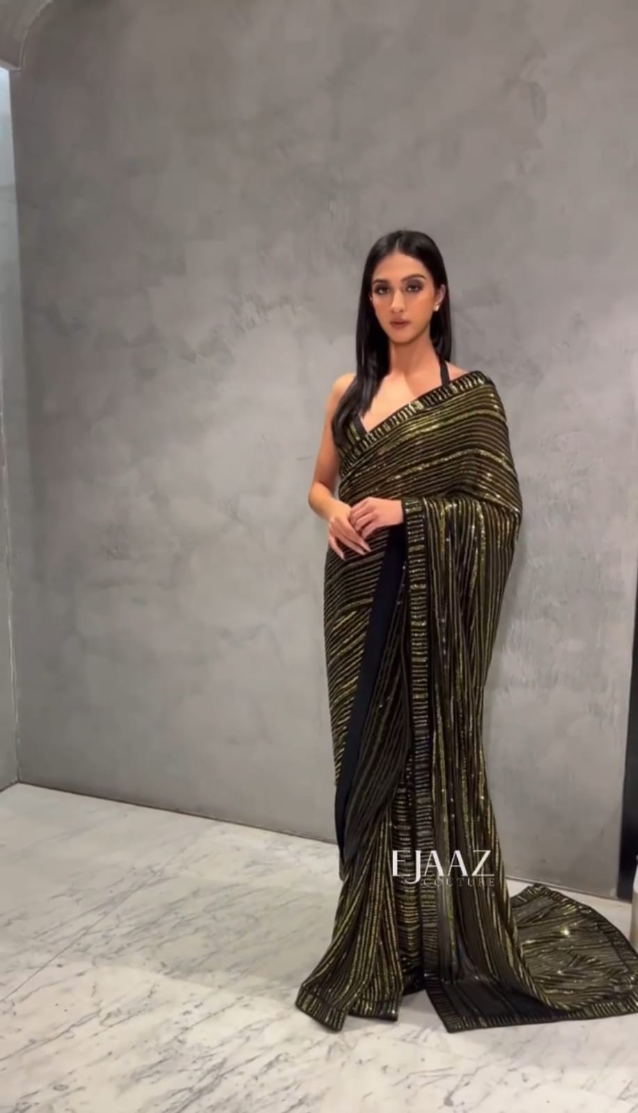 Glemorus Georgette Black Colour Saree With Gold Sequence Worked  And Designer Blouse