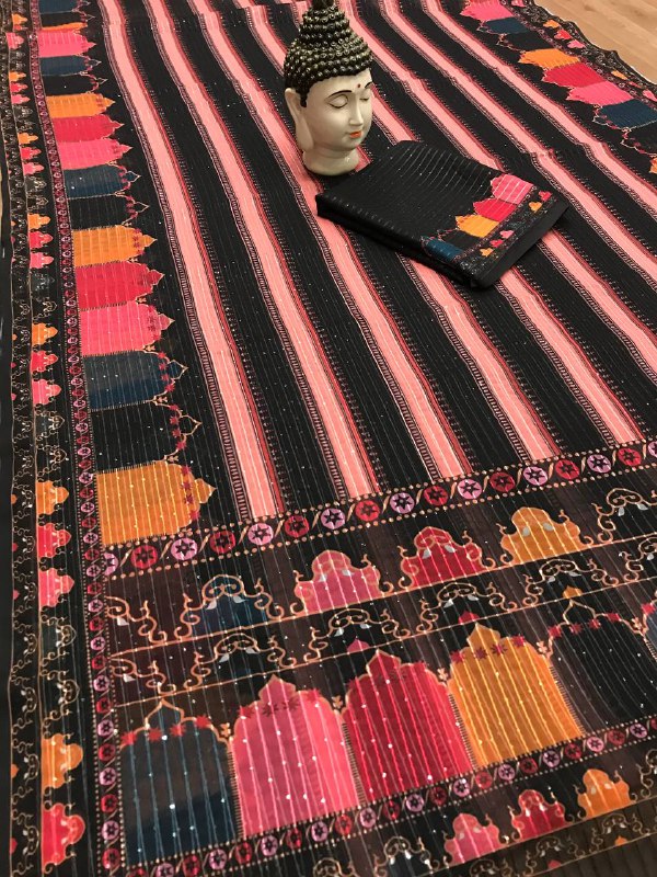 Stylish Embroidary And Sequence Worked Printed Saree With Beautiful Blouse