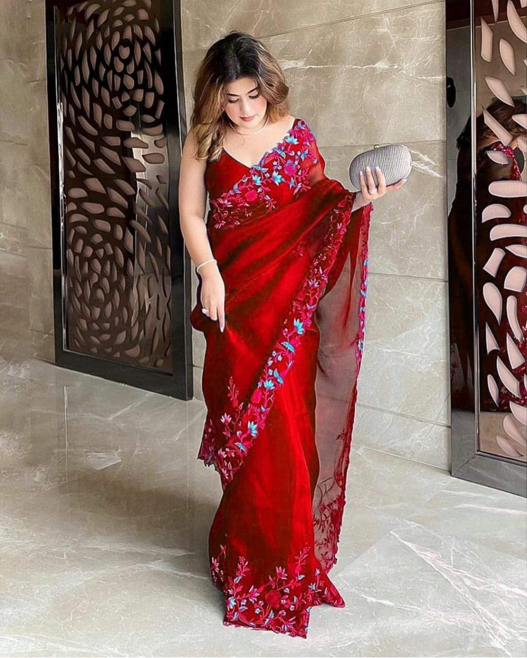 Party Wear Organza Silk Embroidary Worked Saree With Satin Banglori Blouse