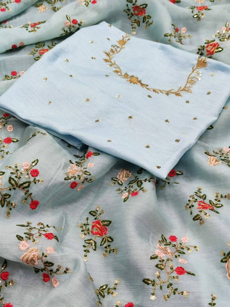 Heavy Organza Silk Embroidary Worked And Sequence Worked Saree With Silk Blouse