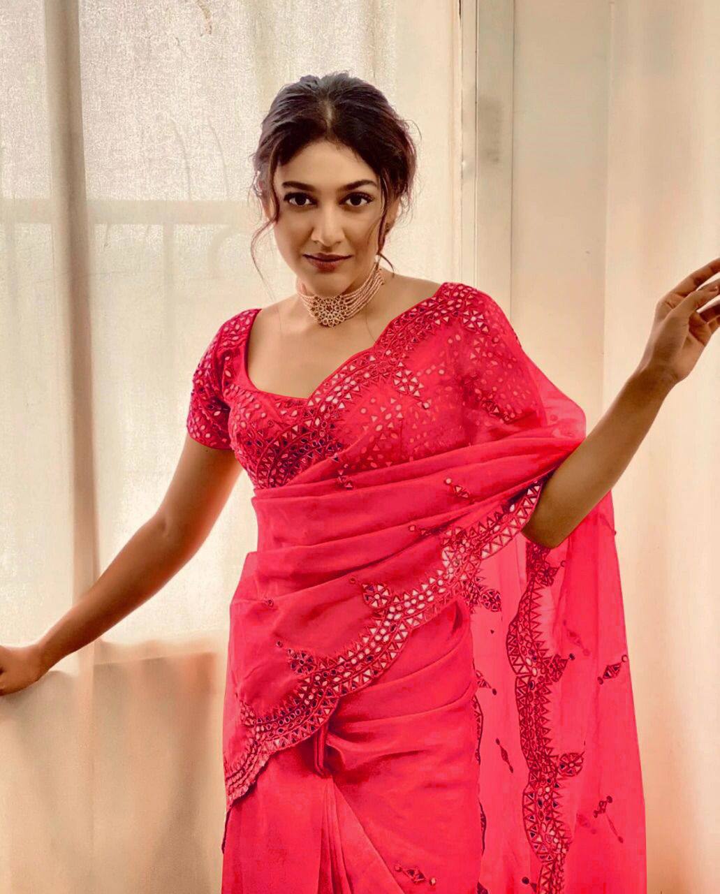 Organza Silk Real Mirron Designer Embroidary Worked Saree With Full Mirror Worked Blouse