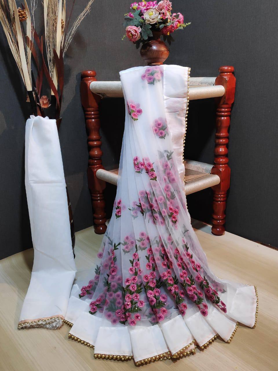 Net Embroidary Worked Party Wear Saree With Moti Worked Lace And Banglori Silk Blouse