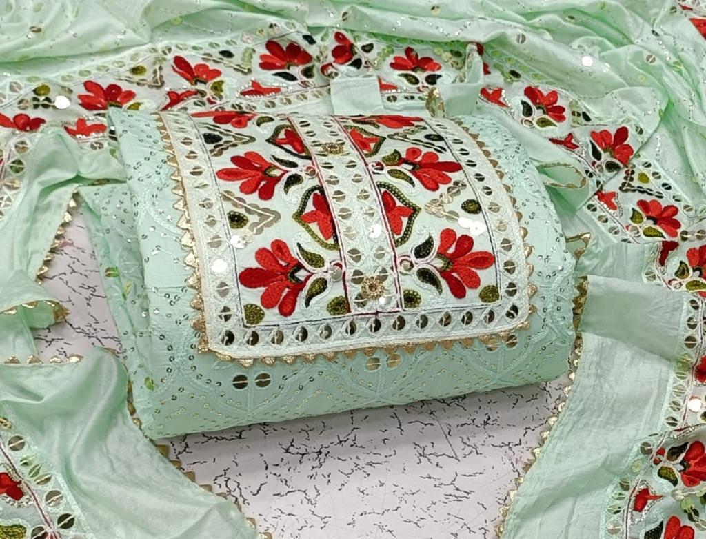 New Heavy Chanderi Silk Multi Sequence Worked Dress Materials With Cotton Bottom