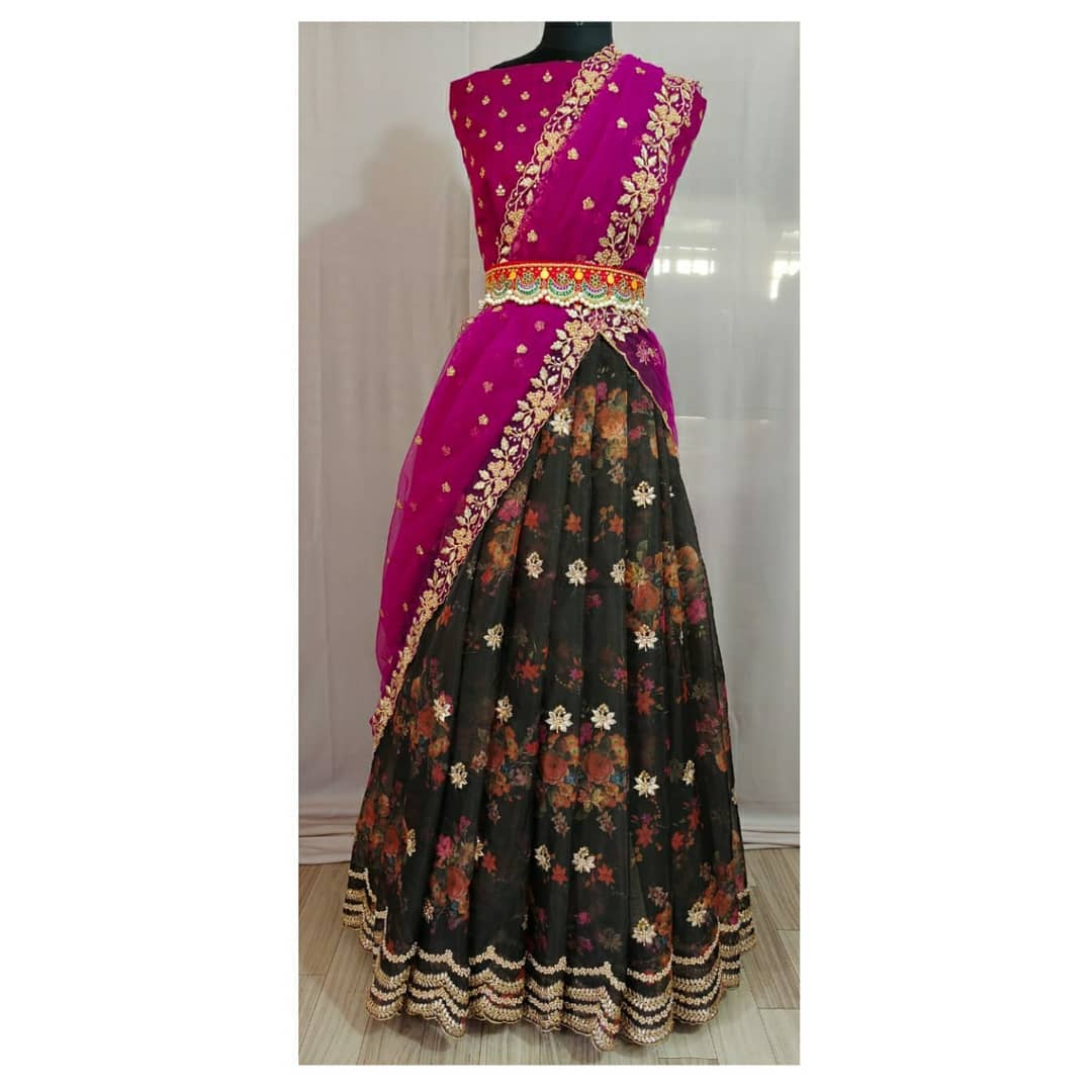 Beautiful Printed Organza Silk Embroidary And Stone Worked Half-Saree South Lehanga With Desinger Blouse And Duppta