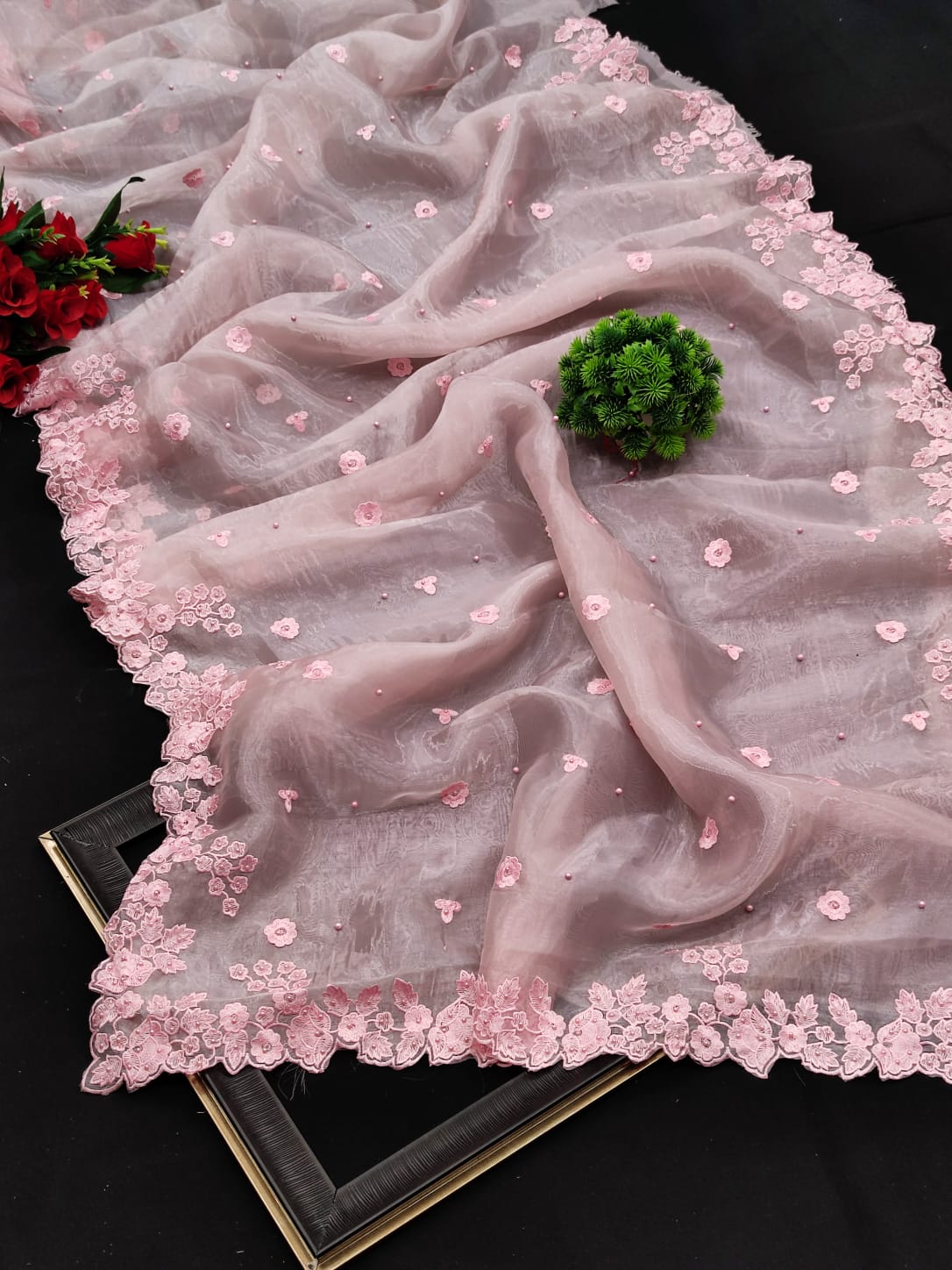 Organza Silk Beautiful Embroidery Work Saree With Moti Work