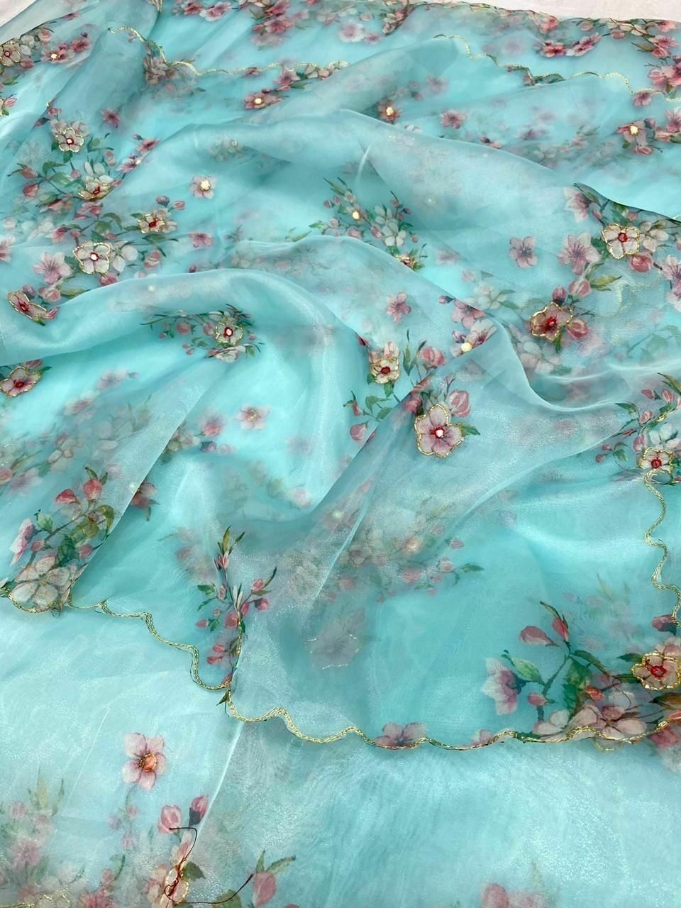 Organza Silk Digital Printed Saree Handworked Saree With Banglori Silk Blouse