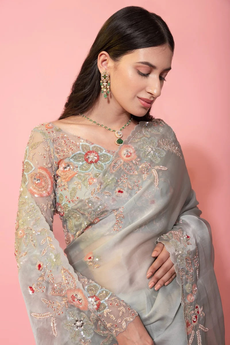 Soft Organza Silk Beautiful Embroidary Border Worked Saree With Embroidary Worked Blouse