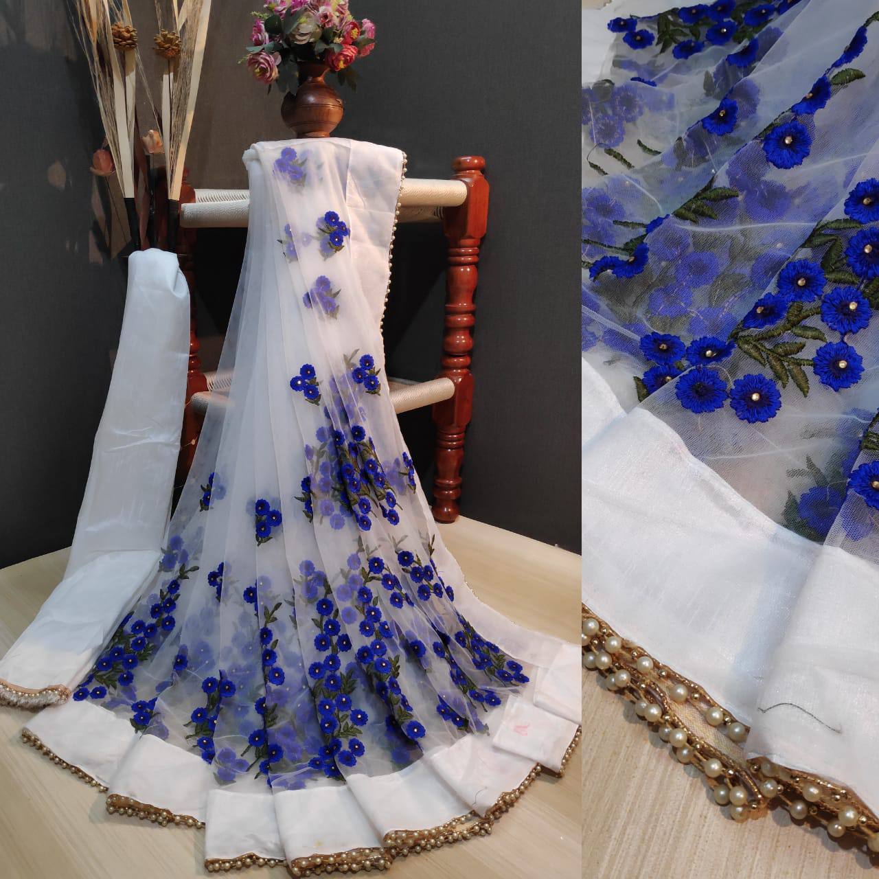 Net Embroidary Worked Party Wear Saree With Moti Worked Lace And Banglori Silk Blouse