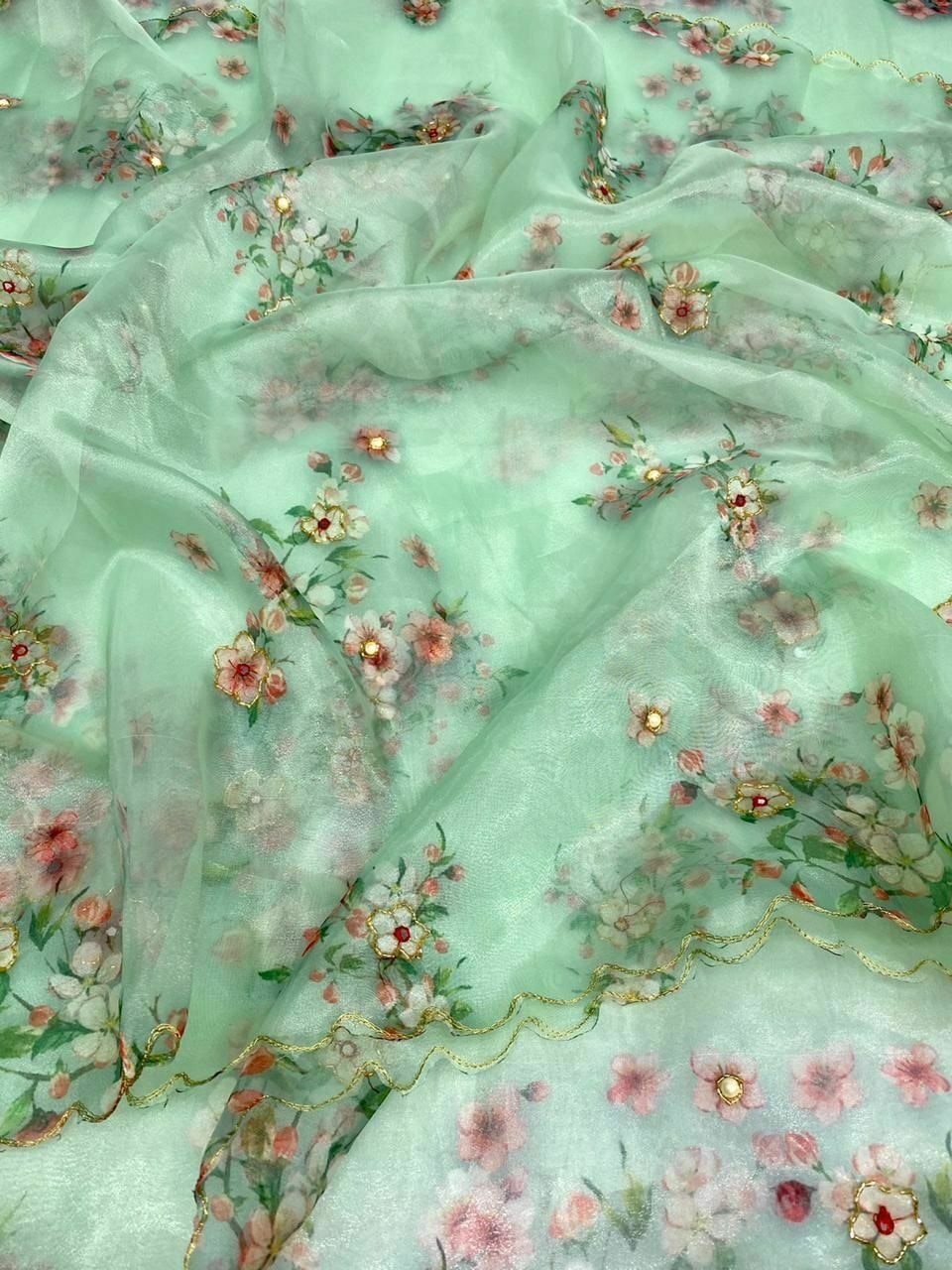 Organza Silk Digital Printed Saree Handworked Saree With Banglori Silk Blouse