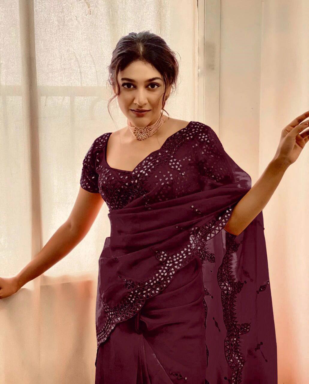 Organza Silk Real Mirron Designer Embroidary Worked Saree With Full Mirror Worked Blouse