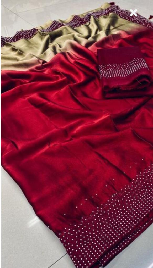 Heavy Satin Silk Peding Printed Hot Fixing Daimond Worked Saree Wuth Banglori Silk Blosue