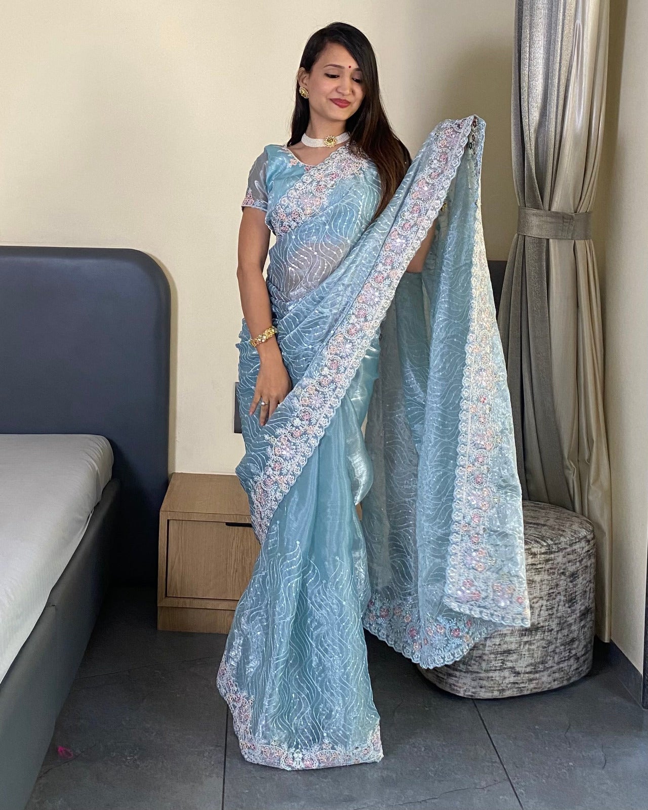 Designer Thread Zari Embroidery Barbari Silk Saree