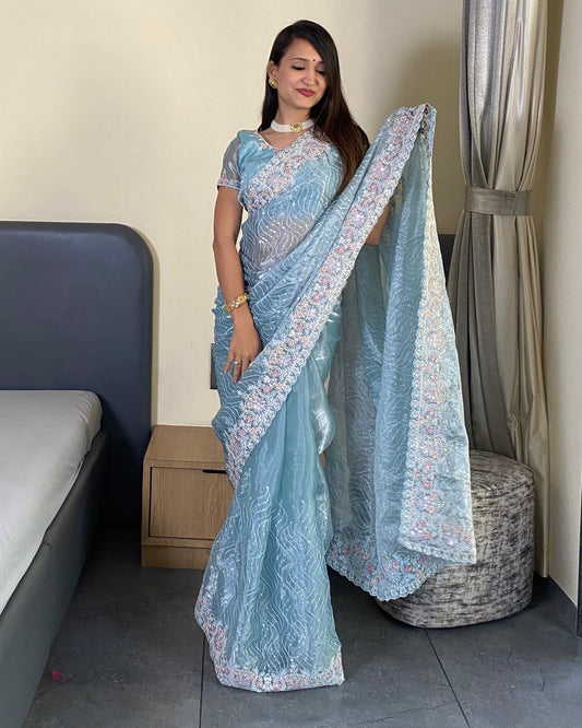 Designer Thread Zari Embroidery Barbari Silk Saree