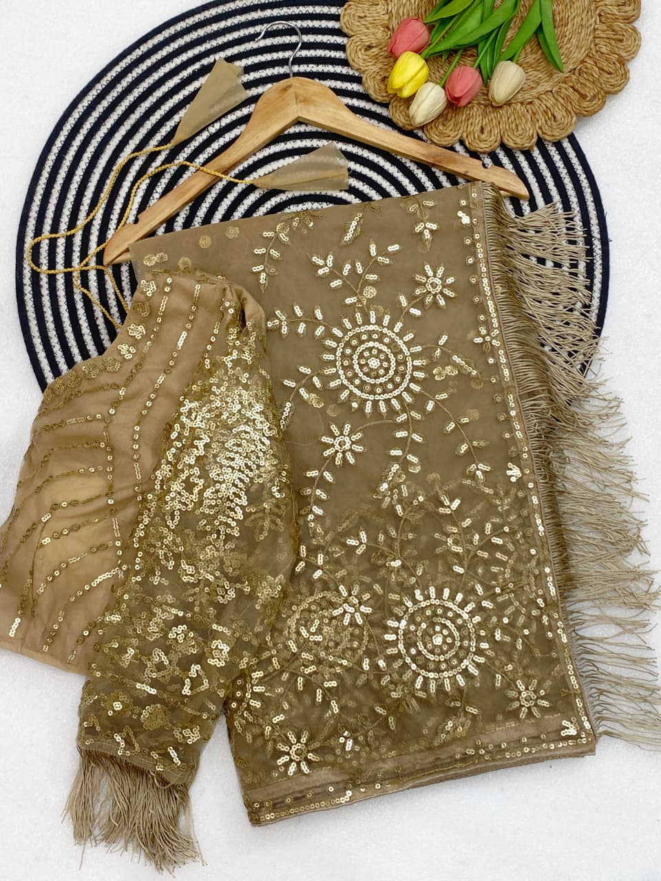 Glamorous Butterfly Net Saree with 5MM Sequin Embroidery & Fringe Border Saree