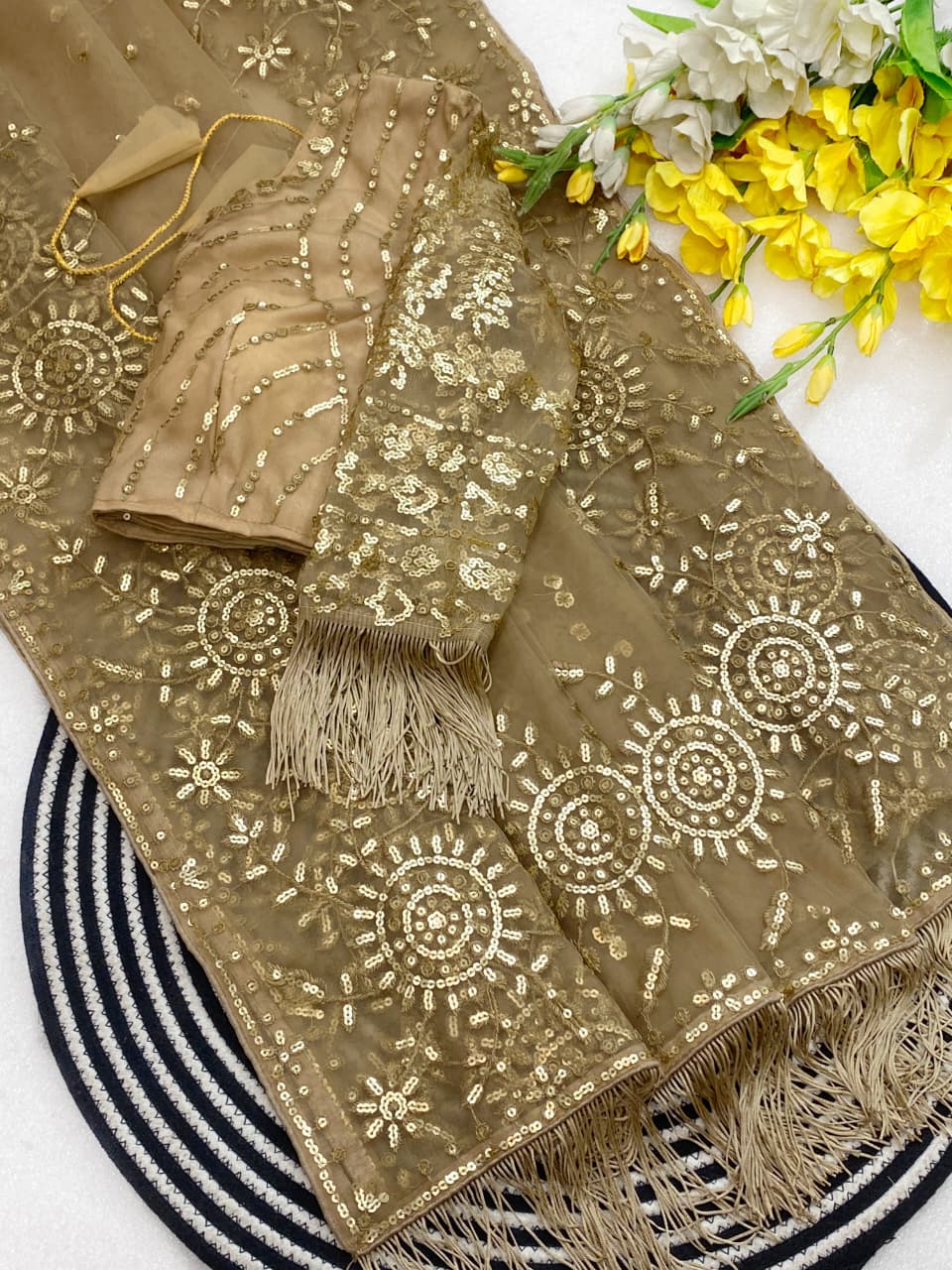 Glamorous Butterfly Net Saree with 5MM Sequin Embroidery & Fringe Border Saree