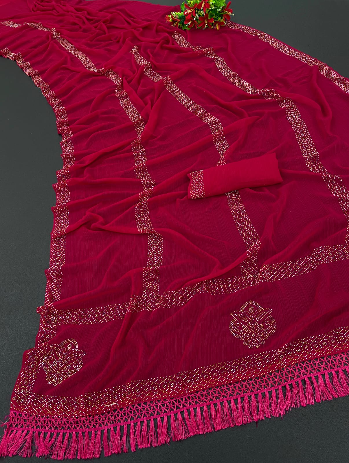 Glamorous Hot Fix Diamond Georgette Saree With Blouse And Jalar