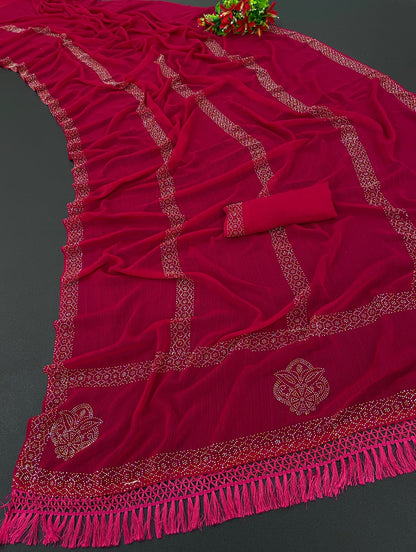 Glamorous Hot Fix Diamond Georgette Saree With Blouse And Jalar