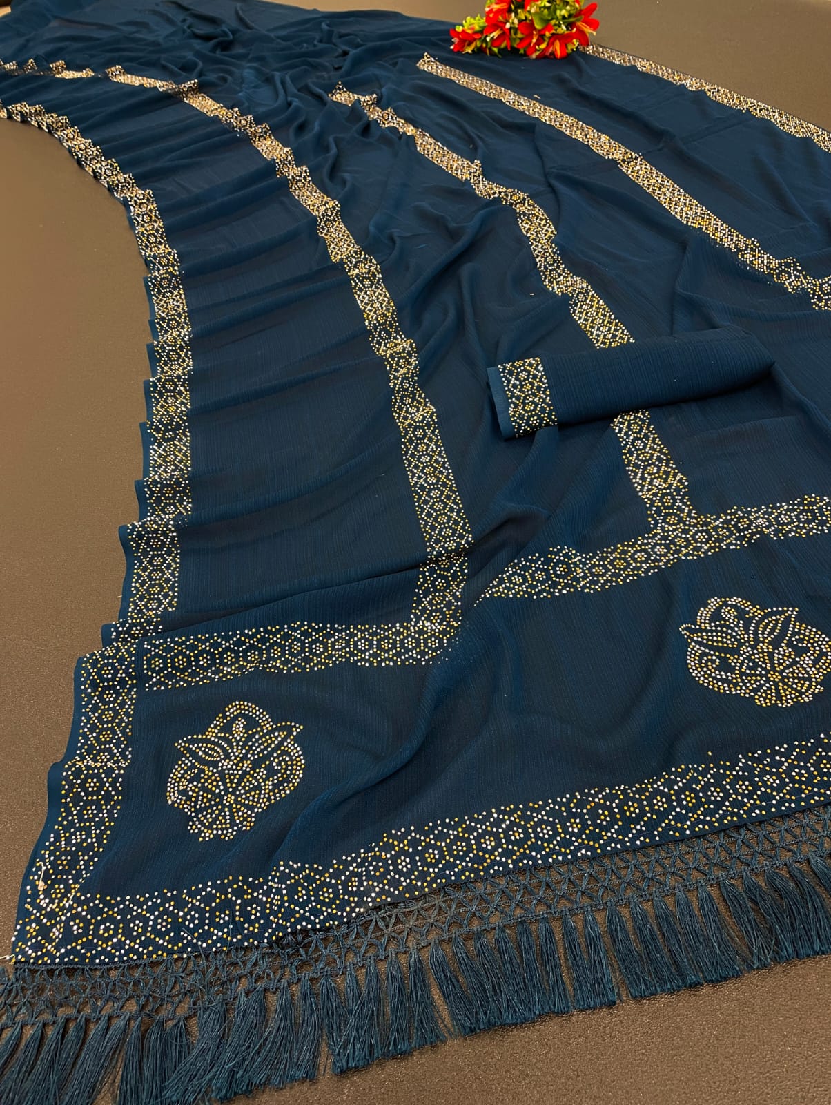 Glamorous Hot Fix Diamond Georgette Saree With Blouse And Jalar