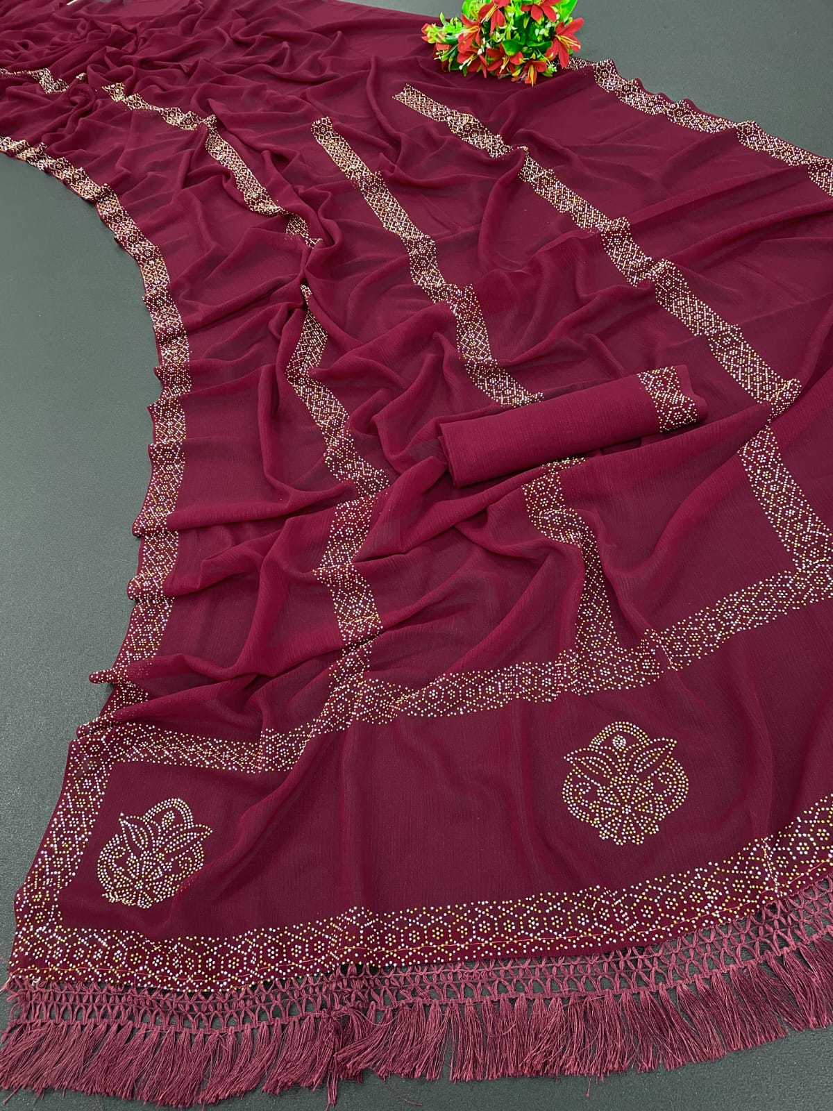 Glamorous Hot Fix Diamond Georgette Saree With Blouse And Jalar