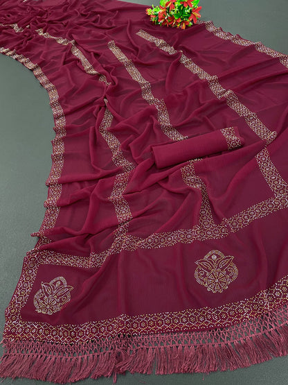 Glamorous Hot Fix Diamond Georgette Saree With Blouse And Jalar