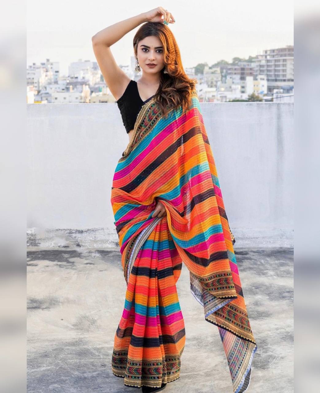 Multi Colour Embroidery And Sequence Worked Vichitra Silk Saree