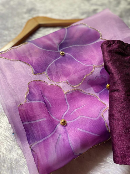 Soft Organza Silk Handwork Printed Beautiful Saree With Unstitched Satin Blouse