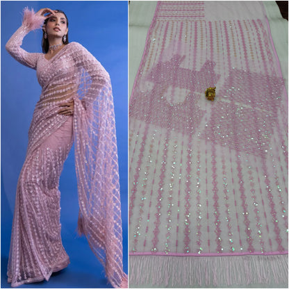 Lavender Colour Net Sequence Embroidery Worked Saree With Heavy Blouse