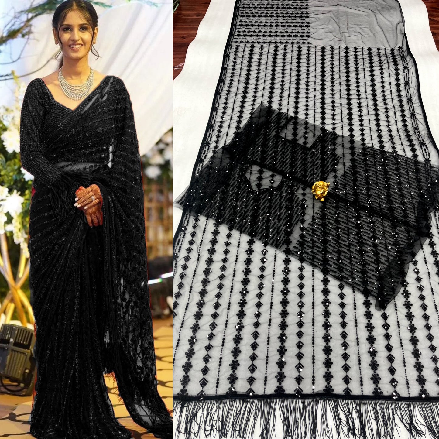 Net Sequence Embroidery Worked Saree With Heavy Blouse