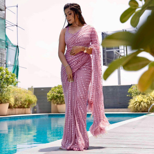 Onion Colour Embroidery Sequence Worked Fency Saree