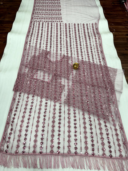 Onion Colour Embroidery Sequence Worked Fency Saree