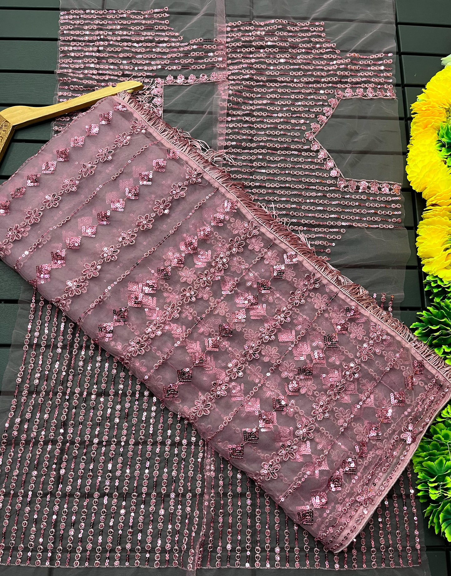Onion Colour Embroidery Sequence Worked Fency Saree