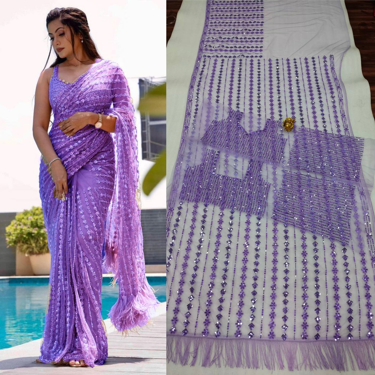 Lavender Colour Net Sequence Embroidery Worked Saree With Heavy Blouse