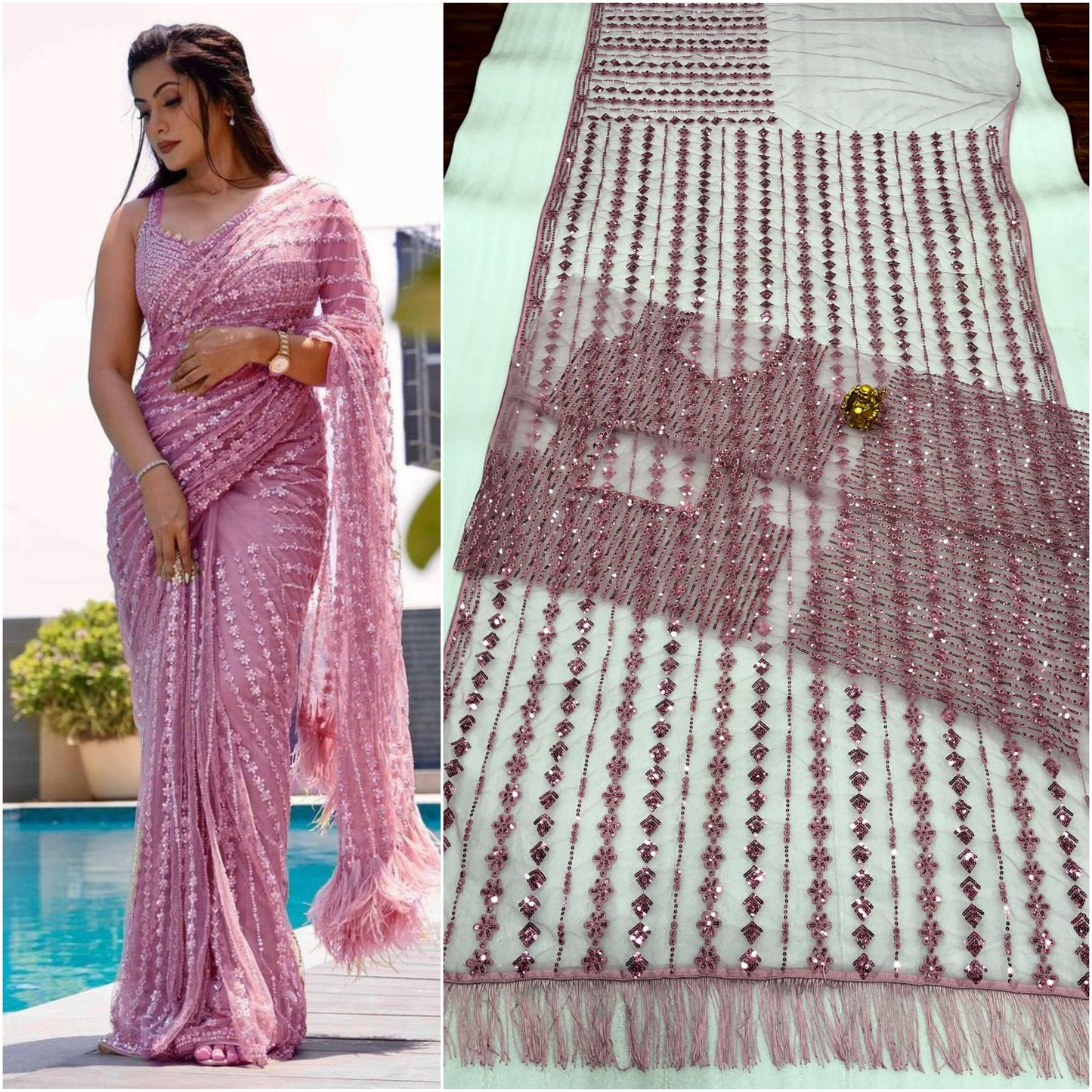 Net Sequence Embroidery Worked Saree With Heavy Blouse