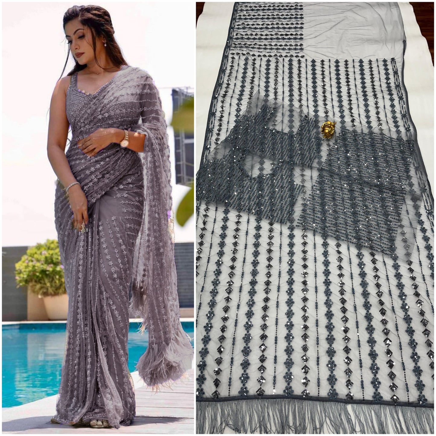 Net Sequence Embroidery Worked Saree With Heavy Blouse