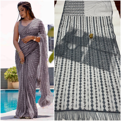 Net Sequence Embroidery Worked Saree With Heavy Blouse
